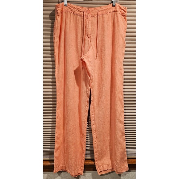 Tommy Bahama Pants - Tommy Bahama Womens 14 Coral Orange Linen Tropical Leaf Jacquard Wide Leg Pants